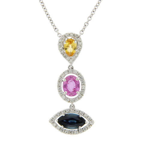 3.12 CT Natural Multi Stones & 0.55 CT Diamonds in 14K Gold Drop Necklace 16"