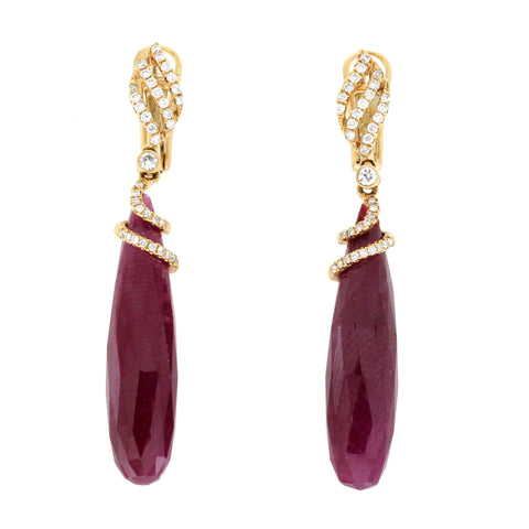 Rose Cut Sliced 31 CT Natural Ruby 0.38 CT Diamonds 18K Rose Gold Drop Earrings