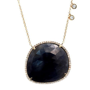 Rose Cut Sliced 32 CT Blue Sapphire 0.50 CT Diamonds 14K Yellow Gold Necklace
