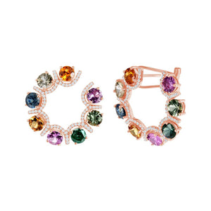 6.47 CT Multi Color Sapphire 0.92 CT Diamonds 14K Rose Gold Hoop Earrings