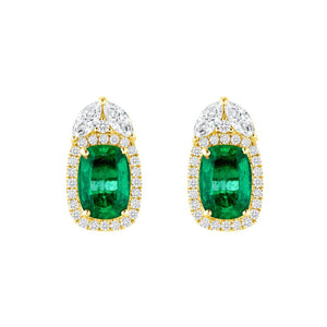 4.18 CT Natural Emerald 1.44 CT Diamonds 14K Yellow Gold Stud Earrings