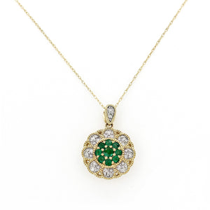 0.45 CT Emerald 0.27 CT Diamond 14K Yellow Gold Flower Pendant Necklace 18"