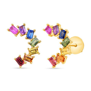 14K Yellow Gold 1.40 CT Multicolor Sapphires Stud Earrings