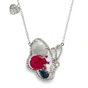 Multicolor Sliced Sapphires & Diamonds 14K Gold Butterfly Necklace S 18&16"»NP14