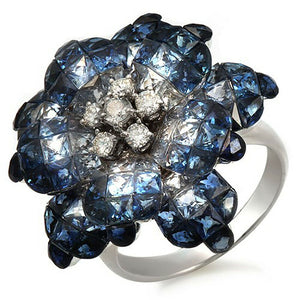 18K Gold 0.37 CT Diamonds & Invisible 13.90 CT Blue Sapphire Flower Ring »R2574