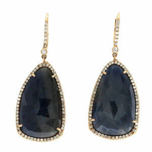 Rose Cut Sliced 15 CT Blue Sapphire 0.51 CT Diamonds 14K Rose Gold Dangle Earrin