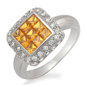 1.55 CT Yellow Sapphire invisible Set & 1 CT Diamonds 18K White Gold Ring