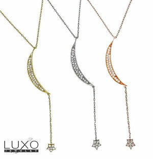▌Women's 925 Sterling Silver Crescent Cute Star Pendant Necklace 16" to 18"»P63