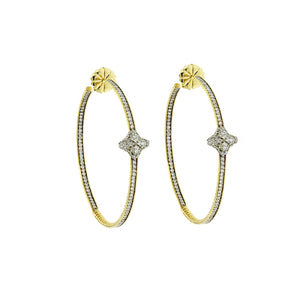 Auth David Yurman 18K Yellow Gold Diamond Quatrefoil Extra Large Hoop Earrings