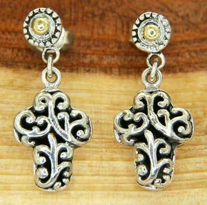 925 Sterling Silver 14 K Gold Scroll Swirl Gothic Cross Dangle Earring»E115