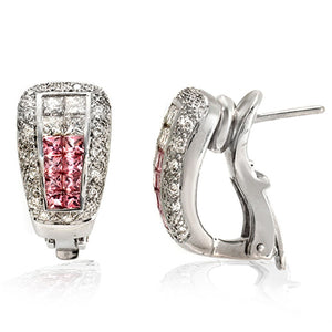 1.34 CT Natural Pink Sapphire & 1.33 CT Diamonds in 18K Gold Omega Back Earrings