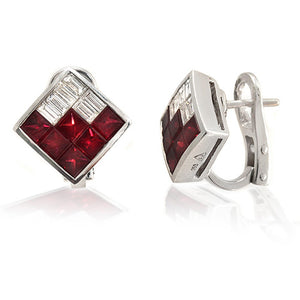2.40 CT Natural Ruby & 0.90 CT Diamonds in 18K White Gold Omega Back Earrings