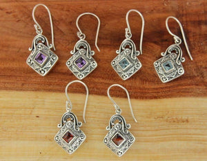 Sterling Silver Bezel set Garnet, Amethyst, Blue Topaz Scroll Swirl Earring»E13