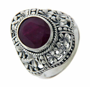 Women's Solid Sterling Silver Ruby Flower Die-Cut Bali Ring»R316 ANTIQUE DESIGN!