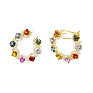 8.14 CT Multi Color Sapphire 0.52 CT Diamonds 14K Rose Gold Hoop Earrings
