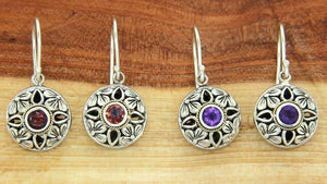 925 Sterling Silver 18k Gold Bezel St Garnet Amethyst Flower Dangle Earring»E113