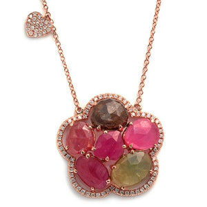 Sliced 10.8 CT Multi Sapphire & Diamonds 14K Gold Flower Necklace Size 16"-18"