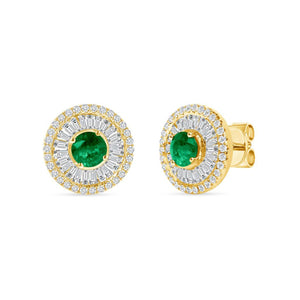 14K Yellow Gold 1 CT Natural Emerald and 1.12CT Diamonds Stud Earrings