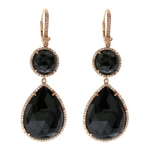 Rose Cut Sliced 28 CT Black Onyx 0.56CT Diamonds 14K Rose Gold Earrings »NP1