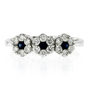 PIERO MILANO 18K White Gold 0.39CT Diamonds & Sapphire 3 Flower Band Ring Size 6
