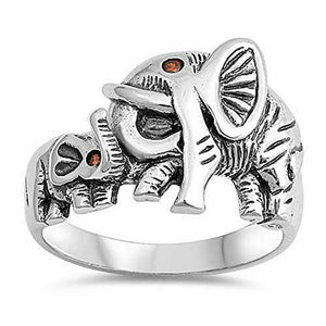 Women's 925 Sterling Silver Elephant Mother & Baby with Red CZ Ring Size 5-11