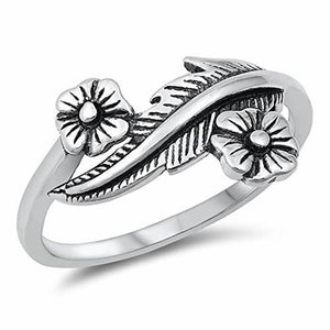 Ladies 925 Sterling Silver Oxidized Flowers with Leaf Band Ring Size 4-10