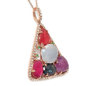 Sliced 9.18 CT Multi Sapphire 0.44 CT Diamonds 14K Rose Gold Triangle Necklace