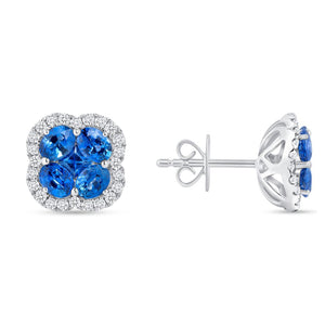 1.88CT Blue Sapphire 0.34CT Diamonds 18K Gold Stud Four Leaf Clover Earrings