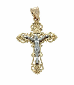Solid 14k TowTone Gold INRI Latin Jesus Crucifix 37 mm Height Cross Pendant»G121