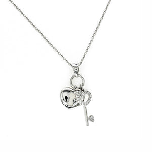PIERO MILANO 18K White Gold Diamond Heart & Key Necklace Size 18"