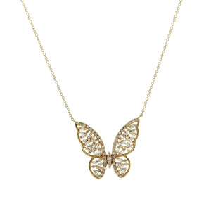 Butterfly 0.65 CT Baguette and Round Diamonds 14K Yellow Gold Necklace Size 16"
