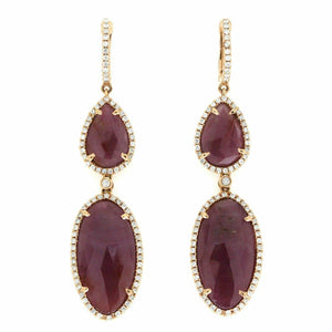 Rose Cut Sliced 16 CT Natural Ruby 0.89 CT Diamonds 14K Rose Gold Drop Earrings