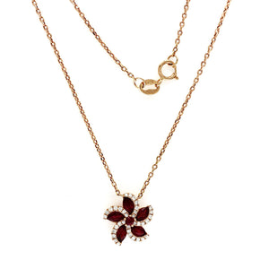 0.72 CT Ruby 0.15 CT Diamond 18K Rose Gold Flower Pendant Necklace 16"-18"