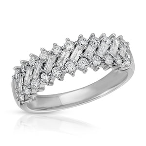 0.89 CT Round & Baguette Diamond In 14K White Gold Wedding Band Ring