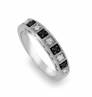Solid Sterling Silver Black & White Diamond Band Ring » R220