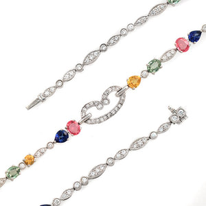 4.11 CT Multicolor Sapphires 0.95 CT Diamonds in 18K Gold White Bracelet 7"