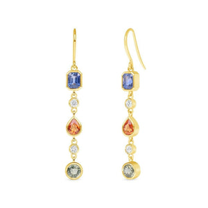 14K Yellow Gold 3.33 CT Multicolor Sapphires and 0.20 CT Diamond Dangle Earrings