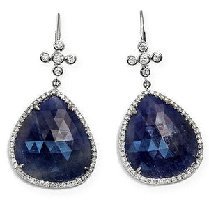 Rose Cut Sliced 24 CT Blue Sapphire 0.84 CT Diamonds 14K Gold Earrings »NP113