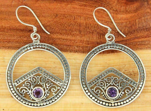 925 Sterling Silver Hoop Bezel Set Amethyst Scroll Swirl Earring» NEW!! E18
