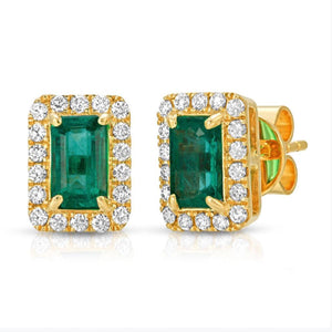 1.10 CT Colombian Emerald & 0.30 CT Diamonds in 14K Yellow Gold Stud Earrings