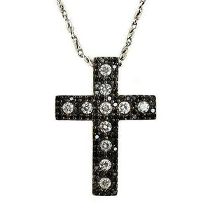 14K White Gold 1.15 CT White & Black Diamonds Cross Necklace Size 16" »BL15