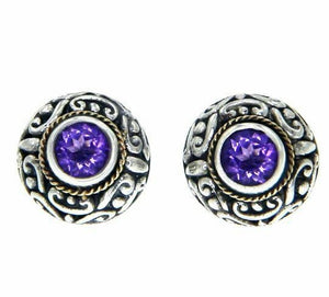 925 Sterling Silver 18k Gold Amethyst Scroll Swirl Bali Stud Earring » E214