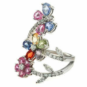 4.09 CT Natural Multi Sapphires & 0.36 CT Diamonds in 18K White Gold FLower Ring