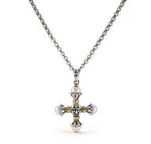 KONSTANTINO 925 Silver & 18K Gold Clas Cultured Pearl Cross Pendant Necklace 18"