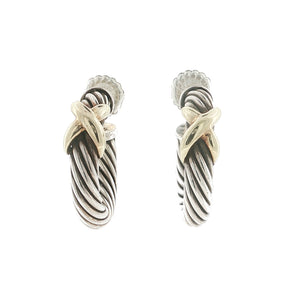 David Yurman 925 Silver and 14K Gold X Cable Hoop Earrrings