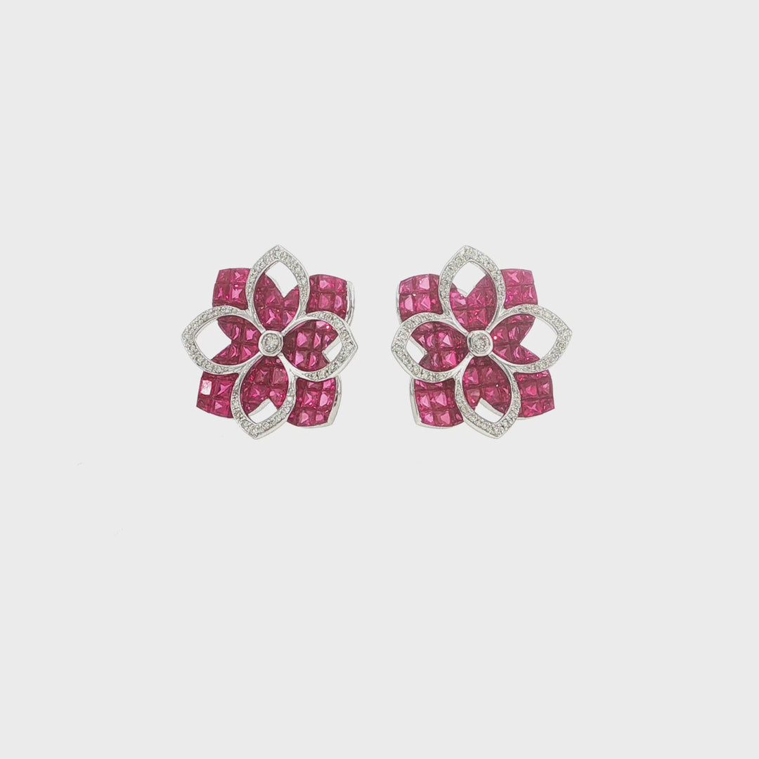 18K White Gold 0.32 CT Diamonds &amp; Invisible 9.86 CT Ruby Earring »E3238