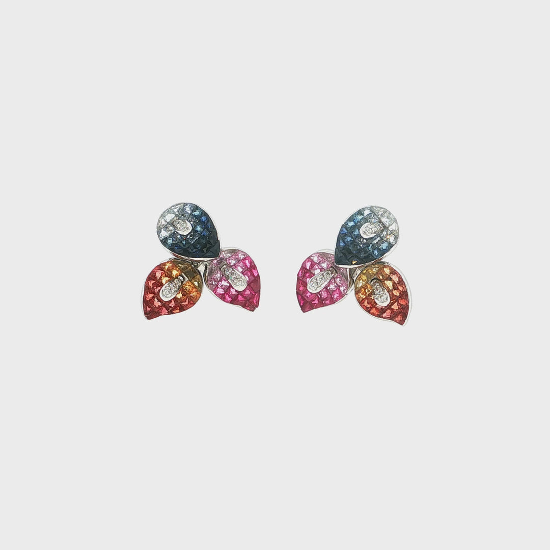 18K White Gold 0.20 CT Diamonds &amp; 17.40 CT Multi Sapphire Flower Earring »E2912