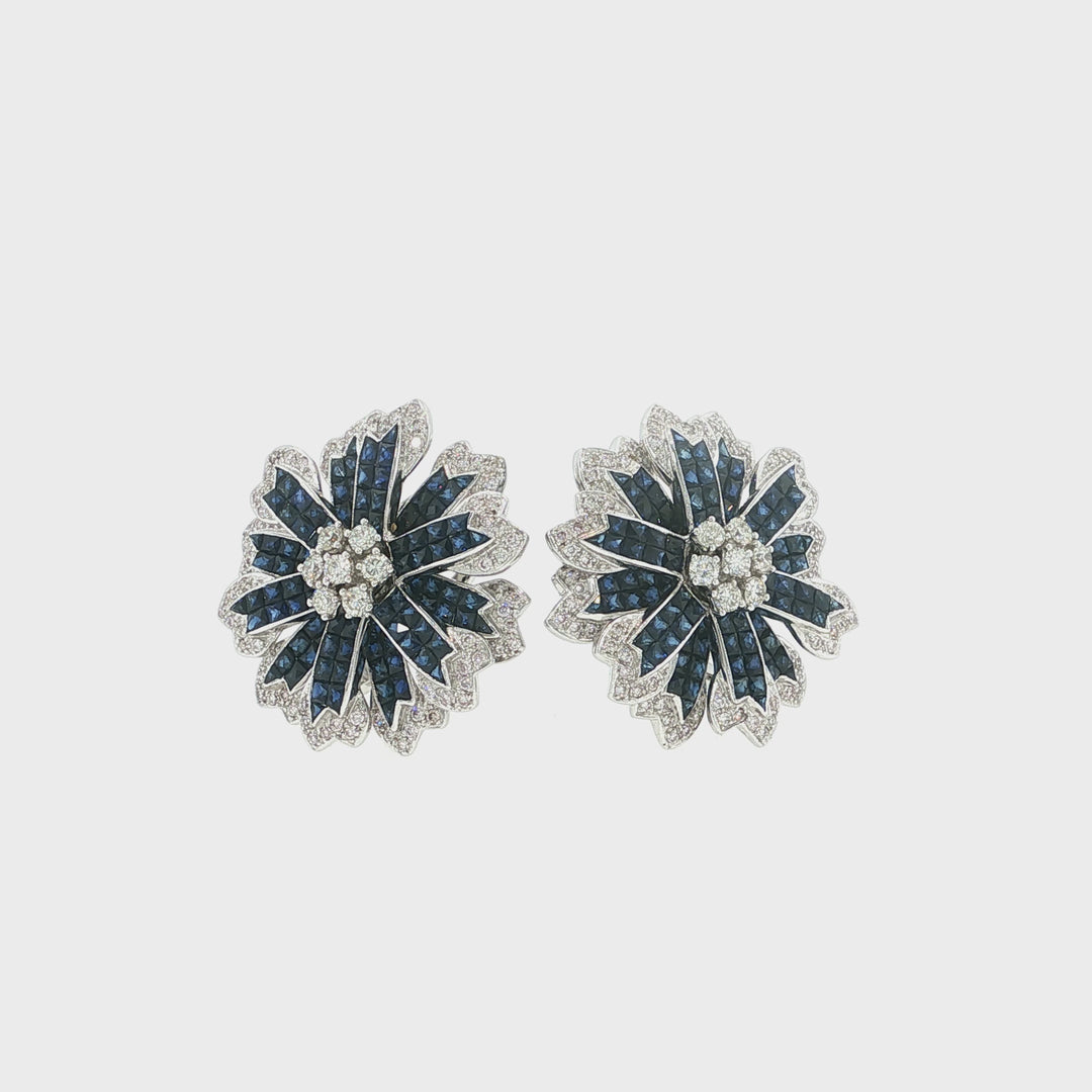 18K Gold Diamonds &amp; Invisible Set 14.28 CT Blue Sapphire Flower Earrings »BL2560