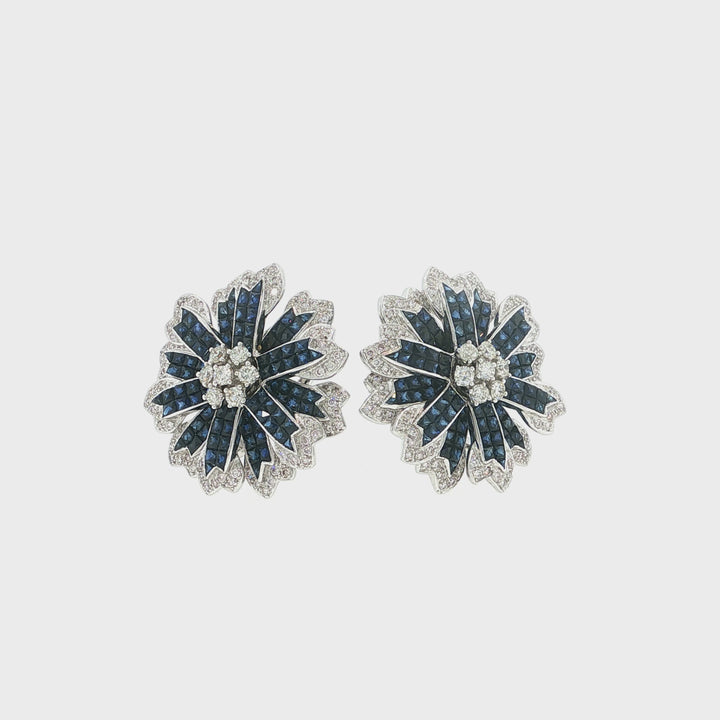 18K Gold Diamonds &amp; Invisible Set 14.28 CT Blue Sapphire Flower Earrings »BL2560