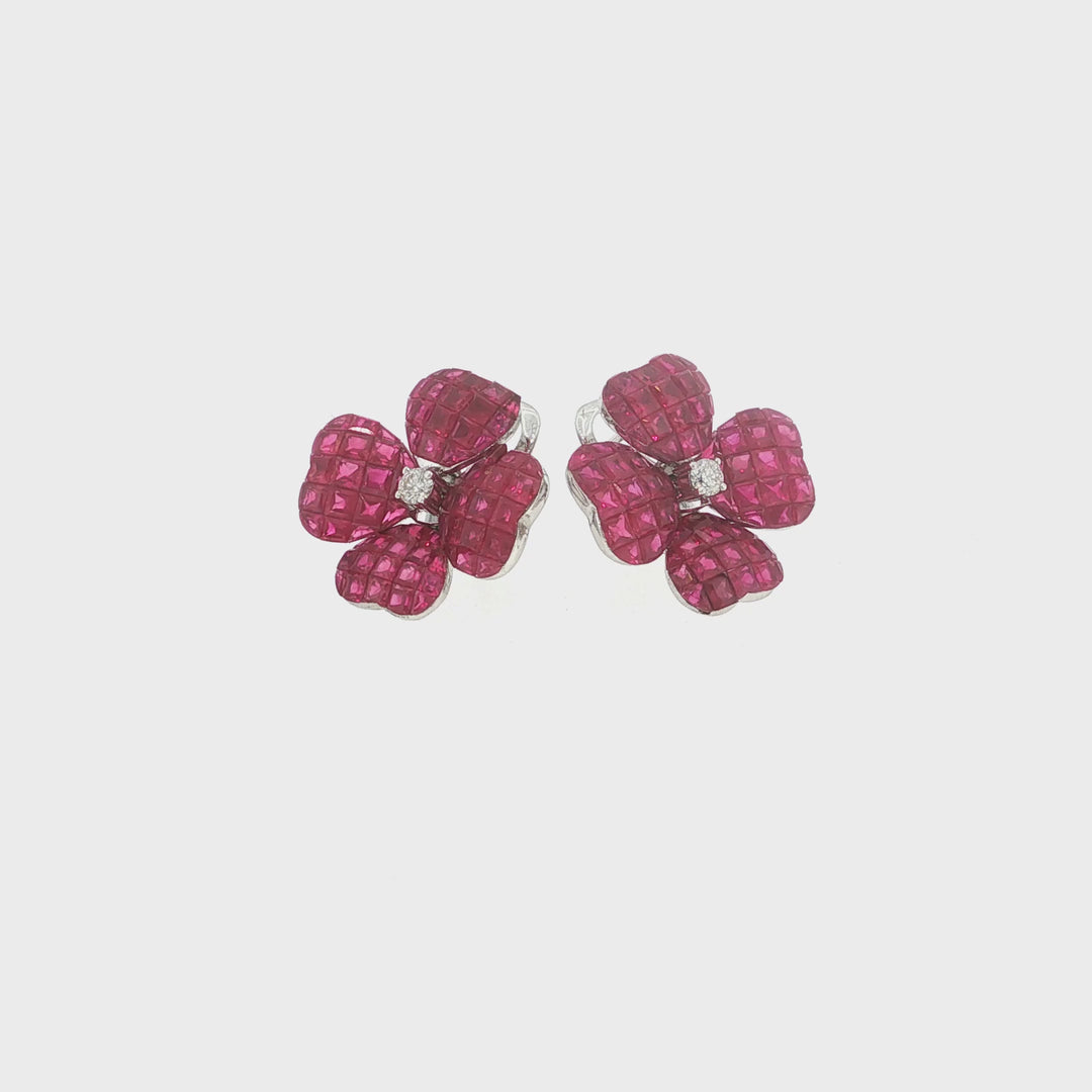 18K White Gold 0.20 CT Diamonds &amp; Invisible 14.13 CT Ruby Flower Earring »E3233